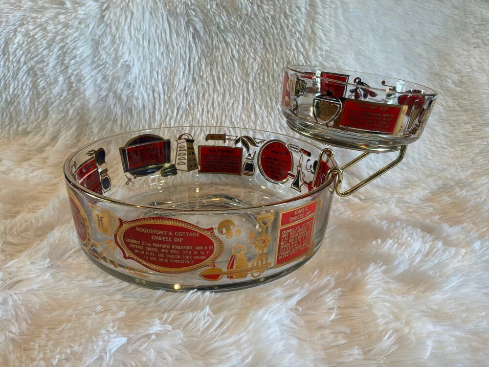 Vintage MCM Glass Chip & Dip Set with Recipes – Red & Gold Jeanette Style